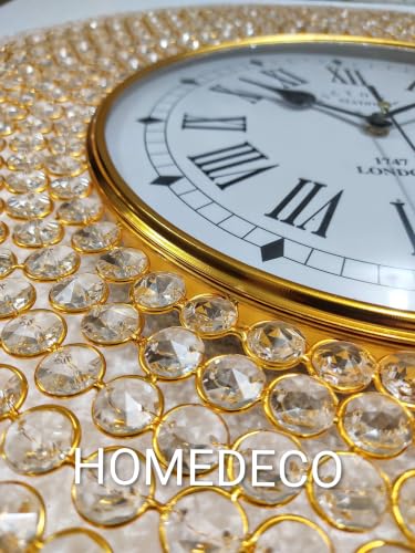 Image of HOMEDECO Decorative Crystal Wall Clock Analog 6 Lines of Diamond Beads Iron Clock, Roman Numbers Modern Fancy Designer Clock, Luxury Large Victoria for Home Decor Items Best Gift (Golden 39x20.32cm)
