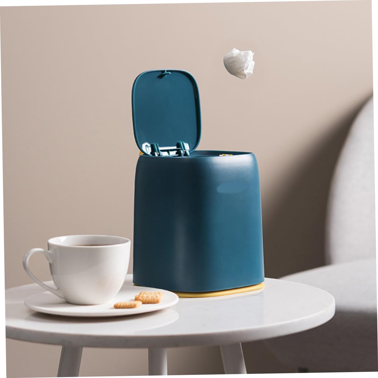 Mini Desktop Trash Can Portable Wastebasket with Press Lid, Navy Compact Storage Container for Office, Bathroom, and Home Organization