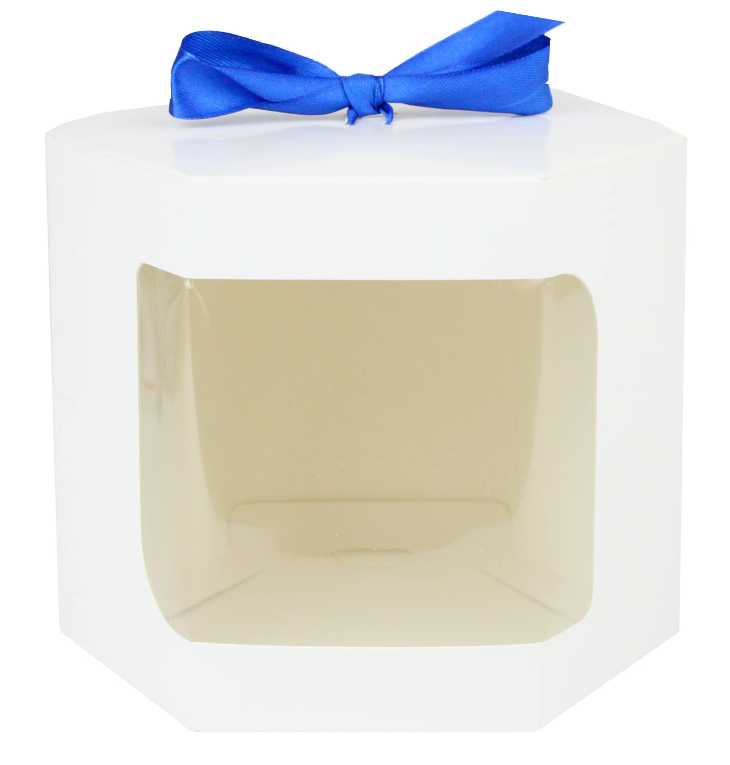 Emartbuy Strong Paper Stand Up Hexagon Gift Bag, 13 cm x 13 cm x 14 cm, White Kraft Bag Cupcakes Cookies Muffin Pie Box with Clear Window and Dark Blue Ribbon - Pack of 96