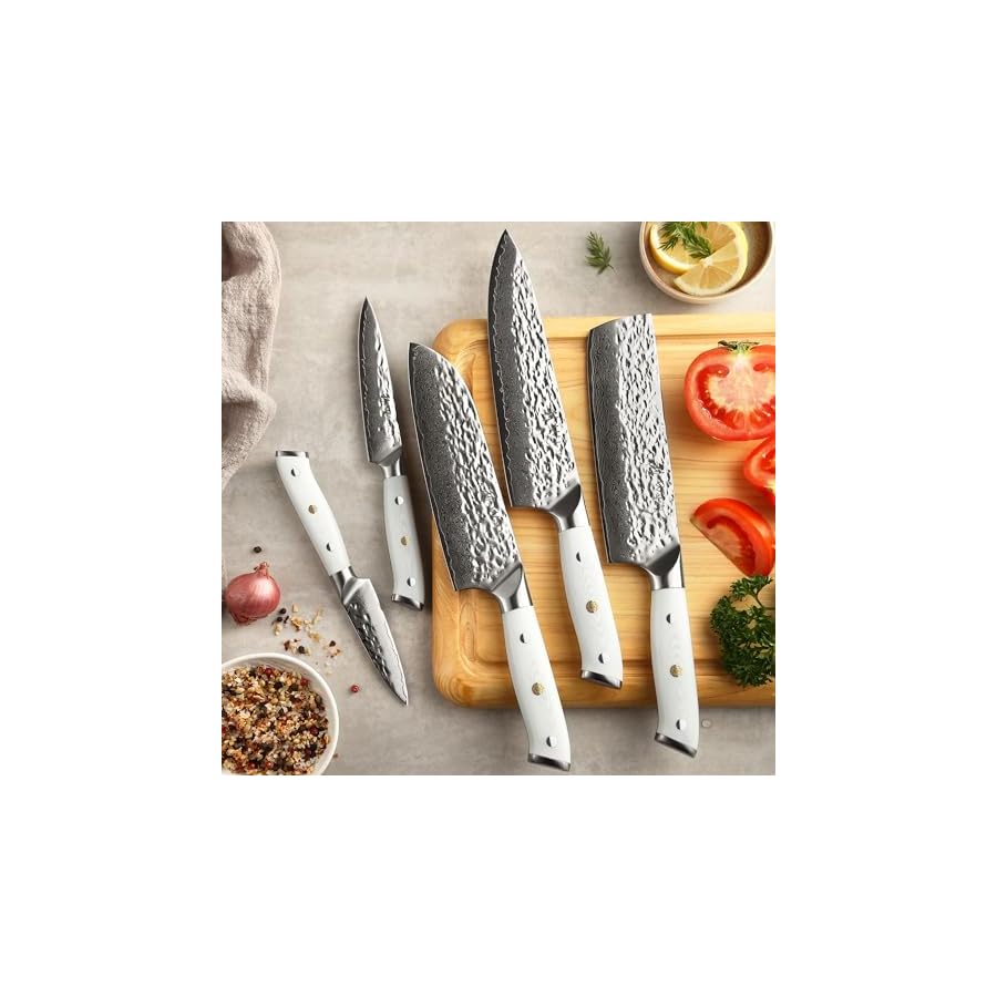Wakoli-Damascus-Kitchen-Knife-Set-5-Piece-Professional-Chef-Knife-Set-made-from-67-Layers-of-Damascus-Steel-with-VG10-Core-Knives-Set-for-Kitchen-with-White-G10-Handles-in-Gift-Box-Pearl-Blanche Wakoli Damascus Kitchen Knife Set, 5-Piece Professional Chef Knife Set made from 67 Layers of Damascus Steel with VG10 Core, Knives Set for Kitchen with White G10 Handles in Gift Box (Pearl Blanche)