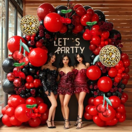 Image of Red Black Balloon Arch Kit Double Stuffed Burgundy Black Maroon Balloon Garland Cherry Cheetah Print Balloons for Birthday Bridal Baby Shower Bachelorette Graduation Halloween Party Decorations