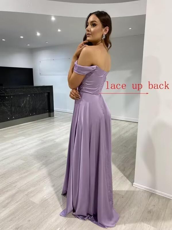 A-line Off The Shoulder Satin Bridesmaid Dress with Slit for Women Long Formal Evening Party Gowns3
