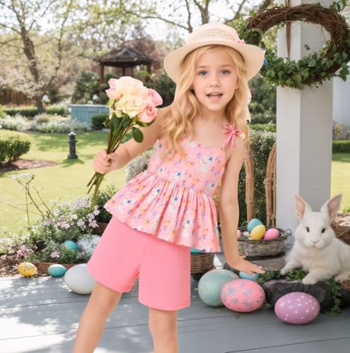 Image of Toddler Girls Clothes Summer Short Set Outfit Tie Knot Shoulder Sleeveless Ruffle Tops and Shorts 2PC Clothing Set