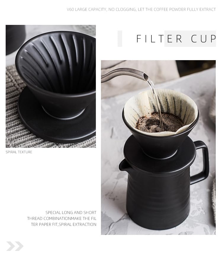Image of BeeCa Ceramic Pour Over Coffee Maker Set, 17oz 1-2 Cup V60 Dripper, Includes Paper Filters, Retains Optimal Heat for Home Office or Cafe, Black