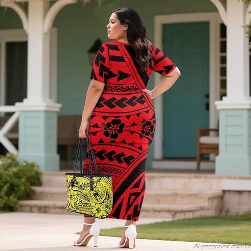 Image of Polynesian Dress for Women Short Sleeve High Waist Maxi Skirt | Puletasi dress, t-shirt and skirt two-piece, elastic material, lightweight, soft, plus size, luau party, wedding, clubwear