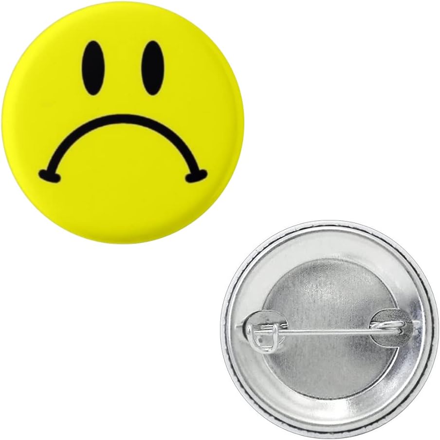 Upside Down Face Yellow Frown Sad Face Pin 1.5” Round Circle Shape Metal Button Pin Badge Pinback 1.5 inch Pin 38 mm 3.8 cm