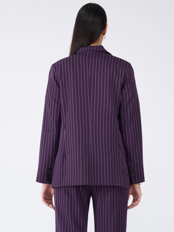 Bold Purple & White Striped Double Breasted Blazer for Women, Viscose-Suiting, Notch Lapel, Full Sleeve3