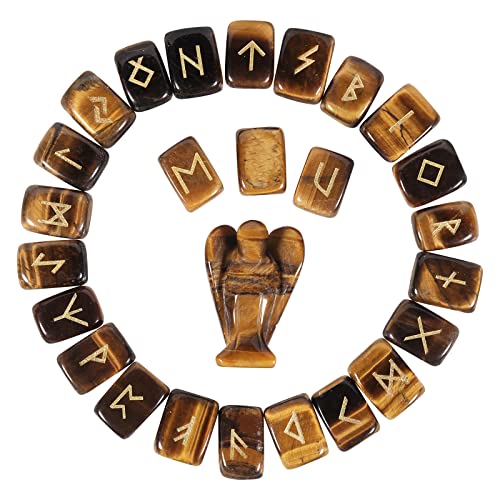 mookaitedecor Tiger's Eye Runes Stones Set & Guardian Angel Figurine