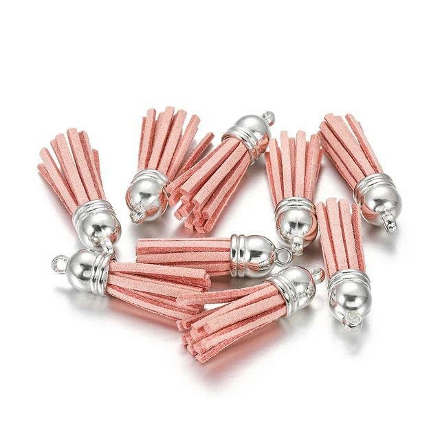 10/20/60pcs 38mm Vintage Leather Tassels Fringe Purl Macrame For DIY Jewelry Making Keychain Cellphone Strap Pendant Accessories-Gray pink-20pcs Silver Cap