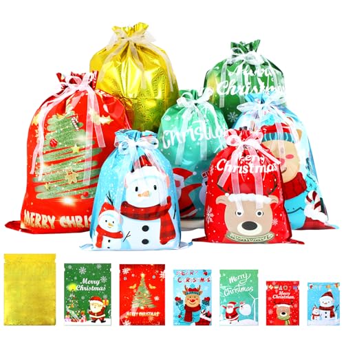 26PCS Christmas Drawstring Gift Bags, Christmas Wrapping Gift Bags Large Medium Small Xmas Bags for Present Xmas Candy Treat Presents Bags For Holiday Decorations
