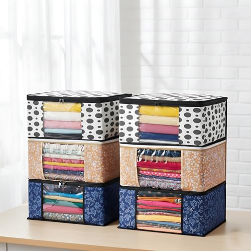 Image of Wardrobe Clothes Organizer Bags | Non-Woven Storage Covers with Heavy-Duty Zipper | Set of 6 (Blue-Yellow-Black Dot) | Foldable Dust-Proof Closet & Bedroom Storage for Sarees & Seasonal Garments