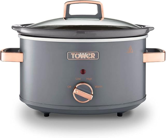 Tower T16042GRY Cavaletto 3,5 Litre Slow Cooker with 3 Heat Settings, Cool Touch Handles, 210W, Grey and Rose Gold