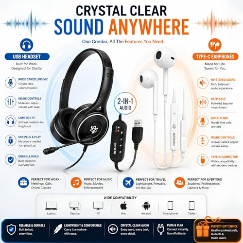 Image of Metaind USB Headset with Mic Meta MT30 for PC & Laptop and CT100 Type-C Earphone Combo for Calling, Online Classes, Meetings & Work from Home