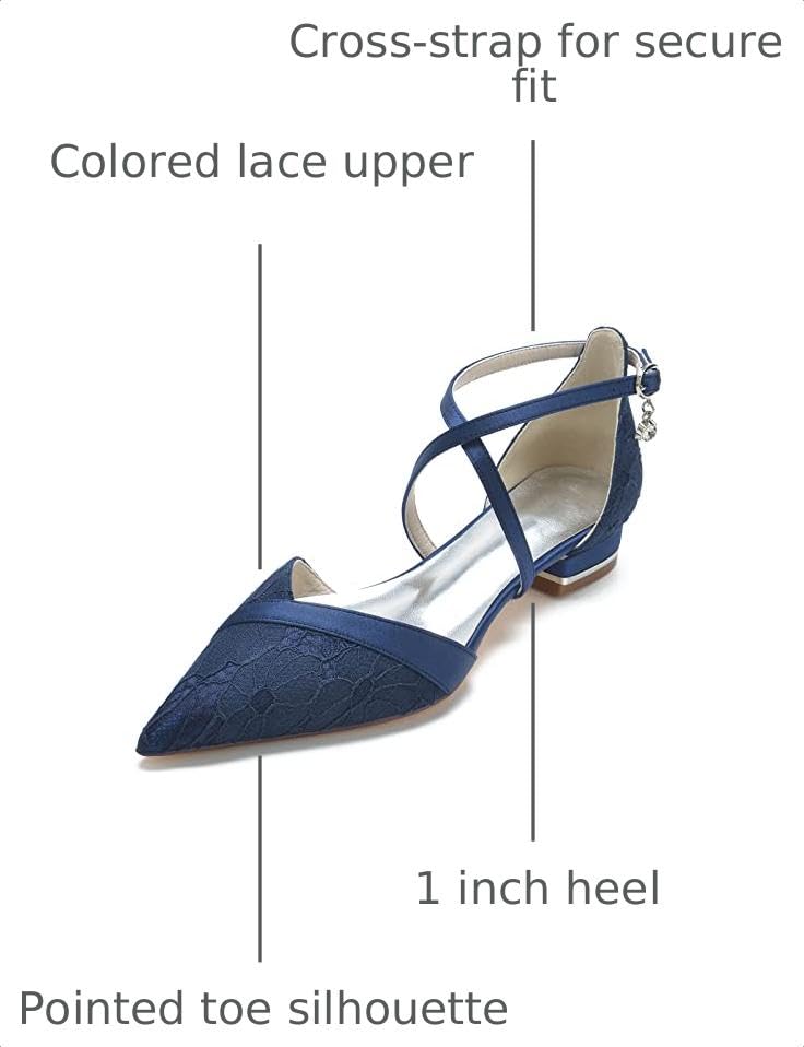 Image of Women's Pointed Toe Lace Wedding Flats for Bride Comfortable Strappy Wedding Shoes Low Heels Cross Strap Bridal Flats Evening Prom Party Dress Shoes Pumps