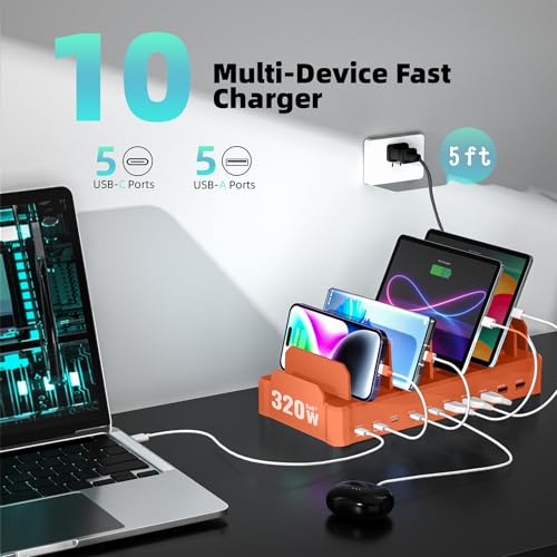 Image of 320W Charging Station for Multiple Devices, Zobirez 10-Port USB C Fast Charger Stations for MacBook, iPhone, Android Cell Phone, iPad, Tablet Family Multi-Device Organizer Charging Dock, Orange