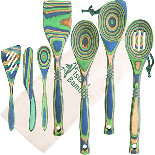 Island Bamboo Exotic Pakkawood 7-Piece Kitchen Utensil Set with Gift Bag, Spoon, Slotted Spoon, Spatula, Corner Spoon, Small Spoon, Small Spatula, Spreader - Heat Resistant & Non-Stick Utensils