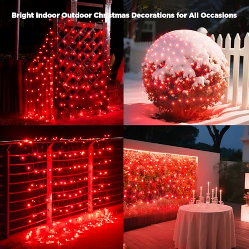 Image of Led Net Lights Christmas Lights Outdoor 200Leds 9ft x 6ft Upgraded Red Christmas Net Lighting, Waterproof 5mm LED Wide Angle Outdoor Indoor Mesh Net Light for Trees, Bushes, Shrubs Decorations