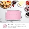 SMEG 4 Slice Toaster TSF03, Retro Stainless-Steel Toaster with Wide Slots for Bagels, 6 Browning Levels, Defrost Reheat Bagel Functions, Dual Controls, Crumb Trays, 1800W - TSF03PKUS - Pink