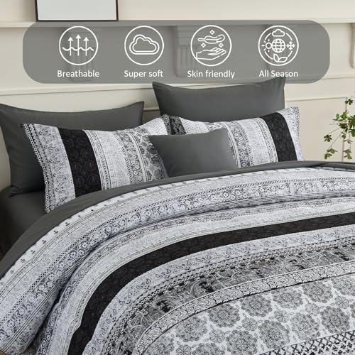 Image of Cottolester Boho King Size Comforter Set 8 Pieces,Gray Bohemian Striped Bed in a Bag,Floral Soft Microfiber Bedding Comforter Set