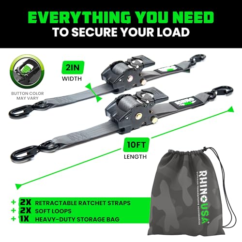 Image of Rhino USA Retractable Ratchet Straps (2-Pack) - 2 Inch x 10 Feet (3,033lb Break Strength) - Heavy Duty Auto Self Retracting Tie Down Straps for Truck, Cargo Trailer, Motorcycle, Rad & More - Gray