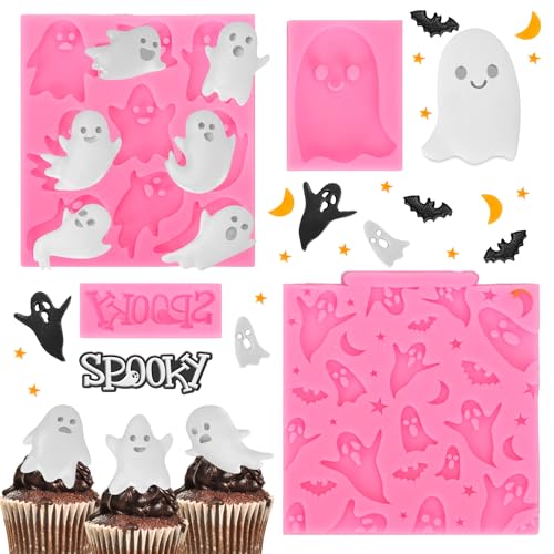 Whaline 4 Packs Halloween Ghost Fondant Silicone Molds Cute Spooky Ghost Chocolate Candy Mould for Halloween Kitchen Party Baking Crafts Decor Supplies