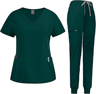 niaahinn Scrub Suit Set for Women Modern V-neck Top & Tapered Leg Jogger Pants with Drawstring Medical Nursing Uniforms Set