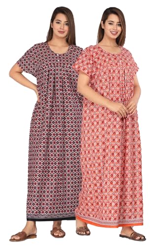 Image of Kuruti B Sheets Cotton Nighty for Women Jaipuri Print 2 Button Round Neck Short Sleeve Night Gown | Maxi Dress