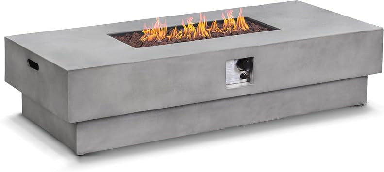 60-inch Outdoor Propane Fire Pit Coffee Table - 50,000BTU Large Concrete Fire Table Low Profile Modern Rectangle Firepit, Auto-Ignition, Included Waterproof Cover, Lava Rocks & Metal Lid