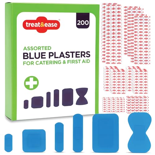 SOL 200pk Blue Plasters for First Aid Kit - Waterproof Kitchens Catering Food Prep. Small and Assorted Sizes Strong and Washproof Quick Coverage of Cuts and Grazes on Fingers Hands and Arms