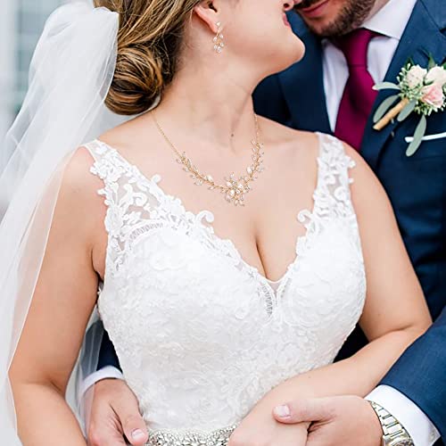 Image of EVER FAITH Wedding Cubic Zirconia Jewelry Set for Women, Marquise White Simulated Pearl Floral Vine Bridal Prom Necklace Earrings for Bride