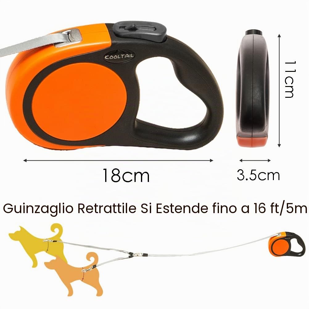 KOOLTAIL Guinzaglio retrattile doppio per due cani fino a 49,9 kg, resistente, doppia testa, 4,9 m, flessibile, estensibile a 360°, senza grovigli, con un pulsante e un freno di bloccaggio, per cani