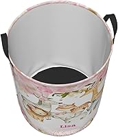Vista 2 de Cesta de lavandería personalizada con diseño de jirafa, león y flores rosadas, con asas, impermeable, para decoración de dormitorio y baño.