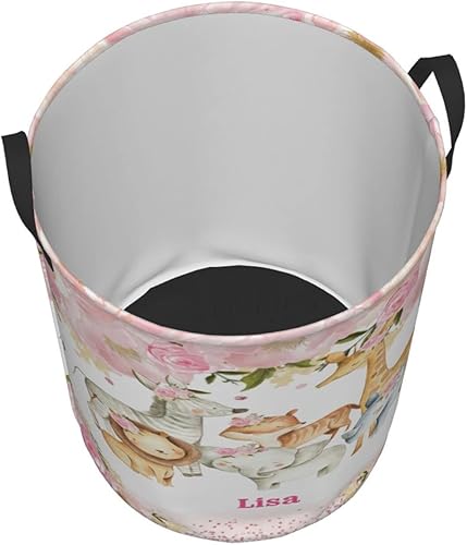Miniatura 2 de Cesta de lavandería personalizada con diseño de flores rosas de león de jirafa, cesta de ropa con asas, canastas impermeables de almacenamiento para