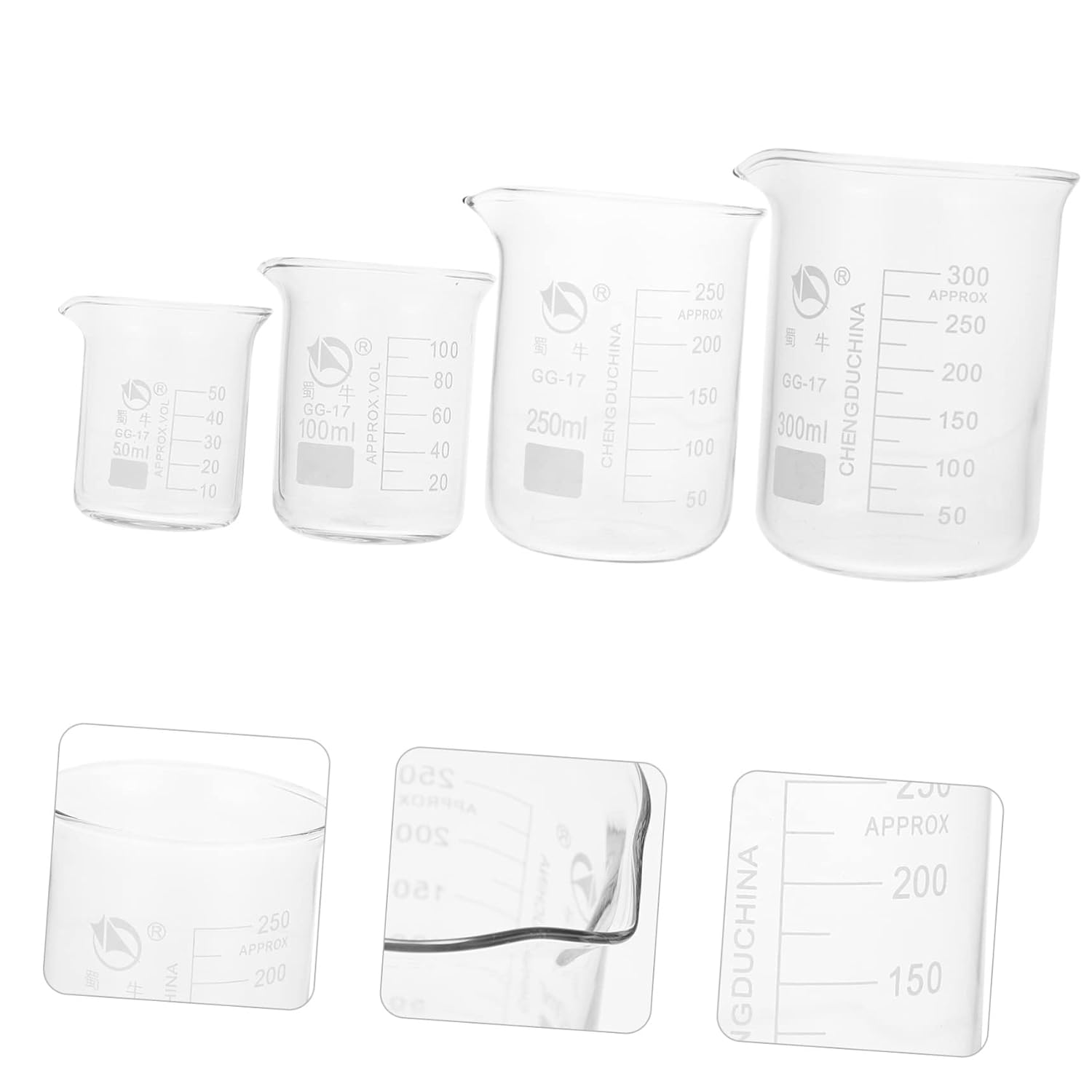 Measurement in Lab: 4-piece Glass Beaker Set Graduations Spout Heat-Resistant Smooth Surface and Stable Base for Easy Handling