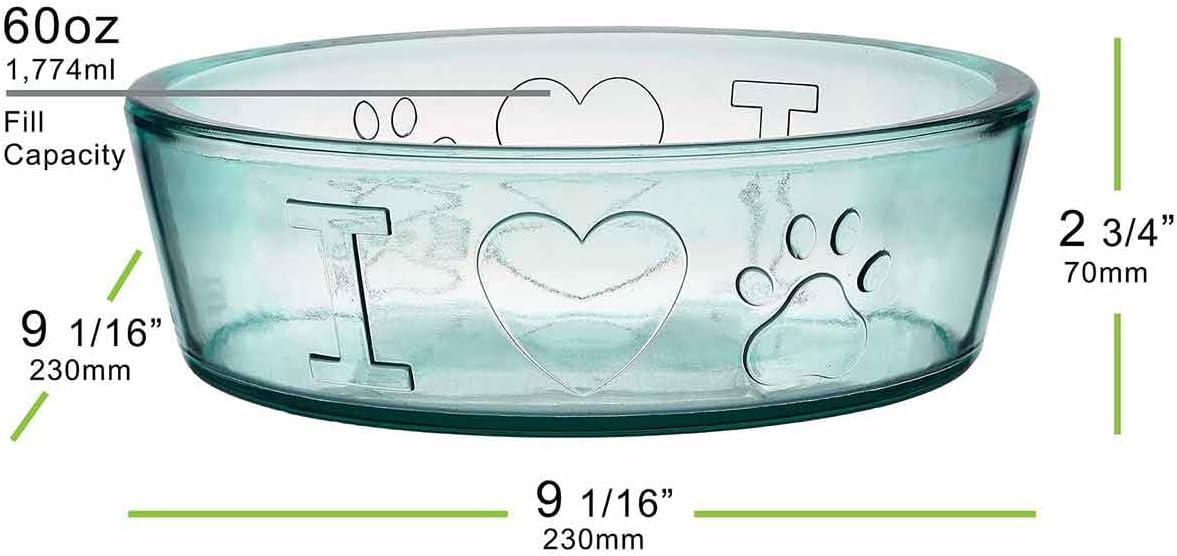 COURONNE CO. Fetch Recycled Glass Dog Bowl, Large 60oz Sustainable Pet Feeding Dish, Durable Dishwasher-Safe Clear Glass Design