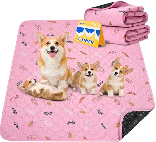 Image of Sunheir Washable Pee Pads for Dogs 2-Pack Reusable Puppy Pads Pet Training Pads, Waterproof Dog Pee Pads for Crate, Whelping Pad, Non-Slip Protects Against Urine Leakage (Leaves - Pink, 24x36)