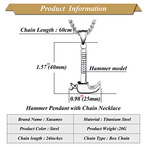 Xusamss Punk Titanium Steel Tool Hammer Pendant Necklace,24inches Link Chain2