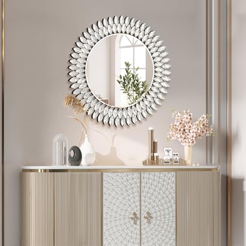Image of 26 Inch Round Mirrors for Wall Decor, Luxury Diamond Entryway Mirrors for Wall, Silver Decorative Mirror for Living Room, Bedroom, Bathroom, Dining Room, Fireplace