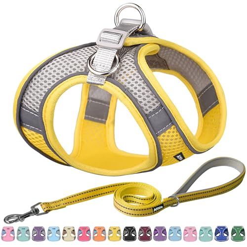 AIITLE Small Harness for Puppy with A Leash - Summer Dog Harnesses with Super Breathable Mesh, Reflective No-Pull Pet Vest for Outdoor Walking, Camping for XX-Small Dogs, Cats Yellow XXS