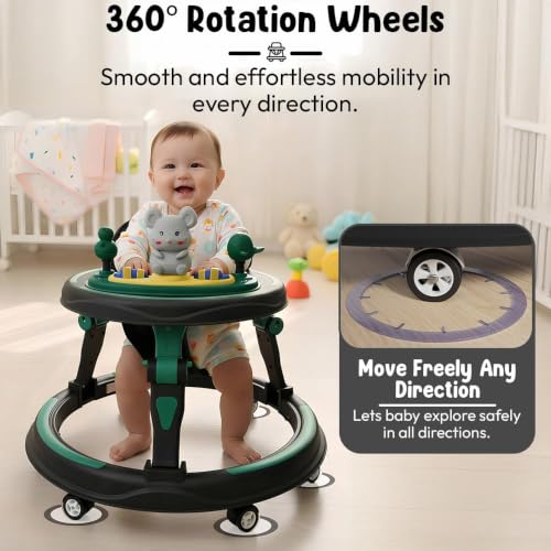 Image of StarAndDaisy Baby Walkers for 6-24 Month Baby boy 360 Walker for Kids for 6-24 Months with RGB Light, 7 Level Height Adjustment, Baby Walker with Switchable Food & Musical Toy Tray -Green Black
