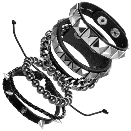 4 Pcs Punk Rock Leather Studded Bracelets for Men Women Spike Bracelets Cuff Bracelet Adjustable Emo Punk Rock Leather Goth Accessories 80s Wristband Bracelet for Rocker Outfits