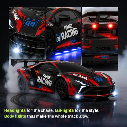 Image of Royal Cellar RC Drift Car 1:24 Scale 4WD | 20KM /H High-Speed Remote Control Car with LED Lights | 2.4GHz Rechargeable Drift Racing Car with Extra Tires & Cones | Gift Boys & Girls (Red Lambo)