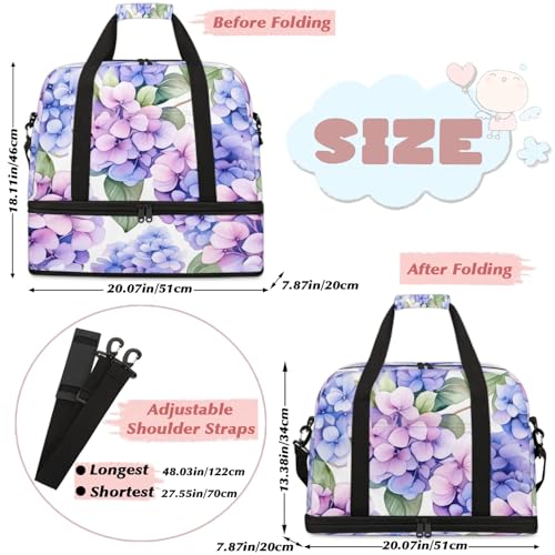 Large Weekender Overnight Bags Travel Duffel Bag for Women Men Watercolor Hydrangea Flower Gym Bags With Shoe Compartment Foldie Travel Tote Bag Carry On Personal Item Bag for Travel Gym Sports2