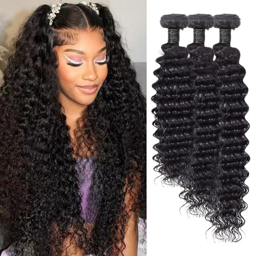 Wimigou Human Hair Bundles 14 16 18 Inch Deep Wave Bundles Human Hair 12A 3 Bundles 100% Unprocessed Brazilian Virgin Wet and Wavy Double Weft Deep Curly Real Human Hair Extensions Natural Black