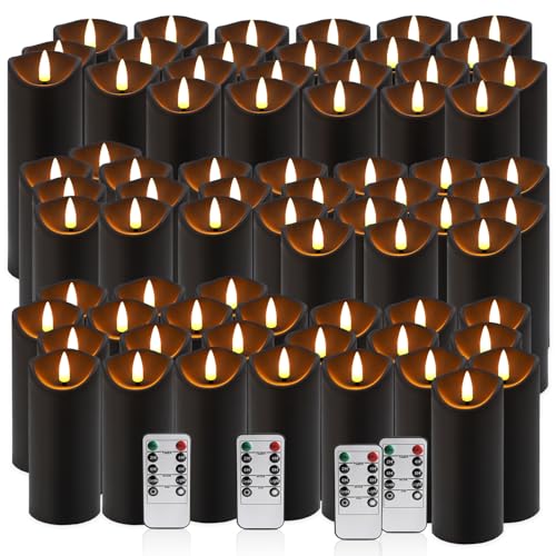 Image of 72 Pack Flameless LED Pillar Candles with Remote Controls, Battery Operated Candles with Timer Function, Dimmable Flickering 3D Wick for Wedding Centerpieces, Events, Parties and Home Decor (Black)
