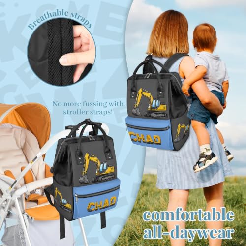 Image of Customized Diaper-Backpack Waterproof Nappy-Bag Baby-Gift Excavator | Monogram Baby Nappy Bag for Traveling Stroller Organizer Mommy Bag for New Parents Mom Dad Personalized Baby Shower Gifts