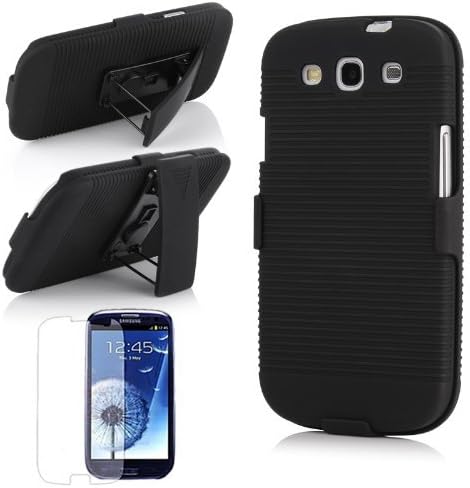 Pandamimi Black Shell Holster Combo Case for Samsung Galaxy S3 with Kick-stand, Screen Protector and Black Touch Pen
