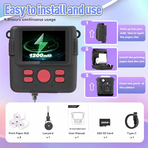 Image of ESOXOFFORE Kids Camera Instant Print, Christmas Birthday Gifts for Kids Age 3-12, Selfie Digital Camera with 1080P Videos,Toddler Portable Travel Cameras Toy for 4 5 6 7 8 9 Year Old Boys Black