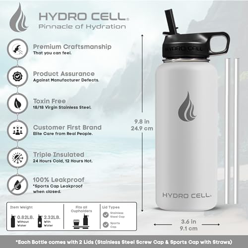 Image of HYDRO CELL Stainless Steel Insulated Water Bottle with Straw - For Cold & Hot Drinks - Metal Vacuum Flask with Screw Cap and Modern Leakproof Sport Thermos for Adults (Frost 32oz)