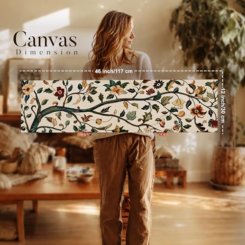 Image of Traditional Kalamkari Botanical Stretched Canvas Wall Art Painting for Living Room, Horizontal Floral Canvas Wall Decor For Livingroom, Bedroom, Office, Hallway's, Hotel 12x46 Inch